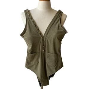 MOEVA Darla One Piece Swimsuit Women L Green Plunge‎ V-neck Pockets Stretch NWT